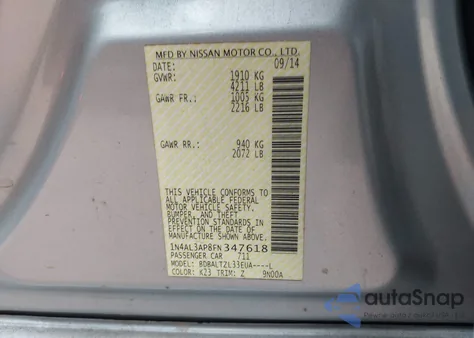 2015 Nissan Altima 2.5 Sl from USA, damaged, VIN 1N4AL3AP8FN347618